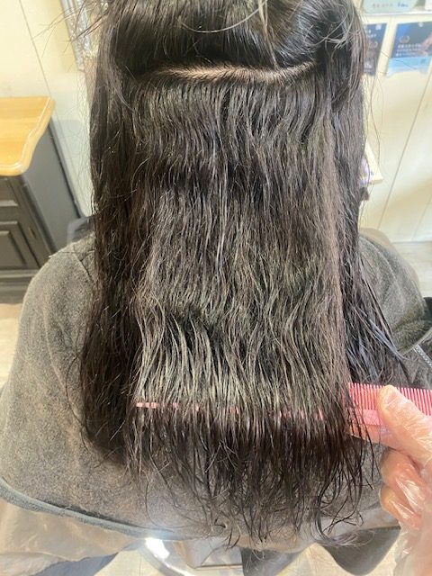 施術前：複数のくせ毛が混在し、パサつきや広がりが出ている状態
